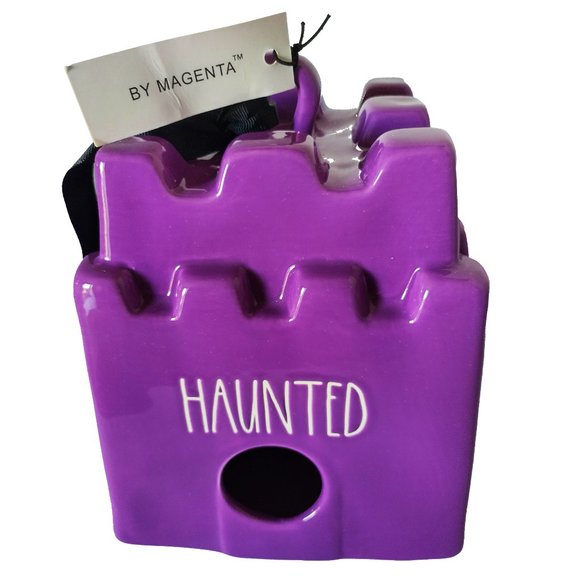 RAE DUNN PURPLE HAUNTED CASTLE CERAMIC BIRDHOUSE.